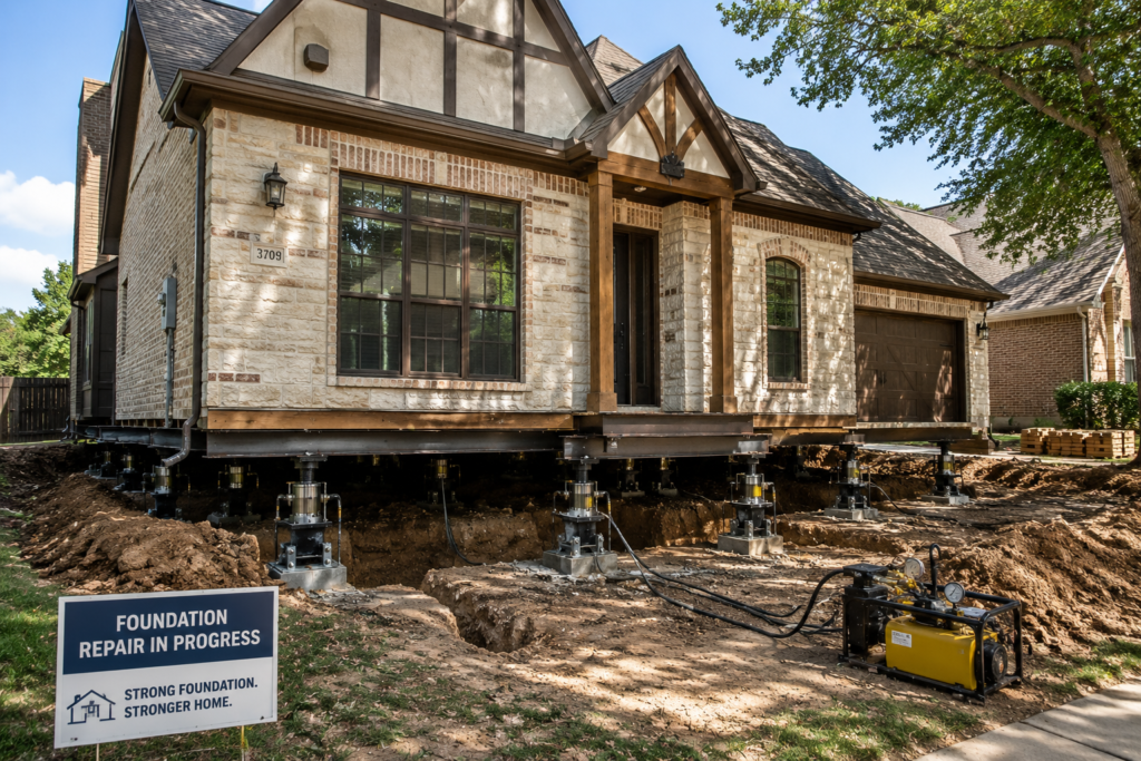 How Much Does Foundation Repair Cost in Dallas-Fort Worth? 2 DFW Foundation Repair of Residential house with hydraulic piers supporting a home in Dallas-Fort Worth, Texas