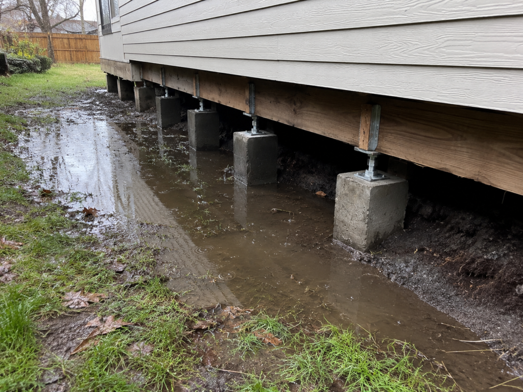 Water damage beneath residential home