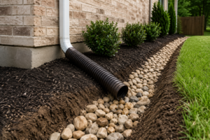 Downspout extension directing water away from foundation