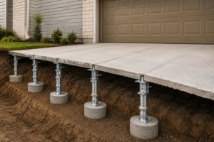 Steel pier installation for slab foundation stabilization