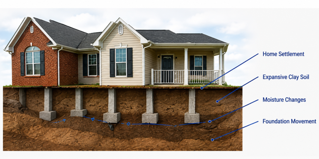 Concrete pier foundation support system correcting house settlement